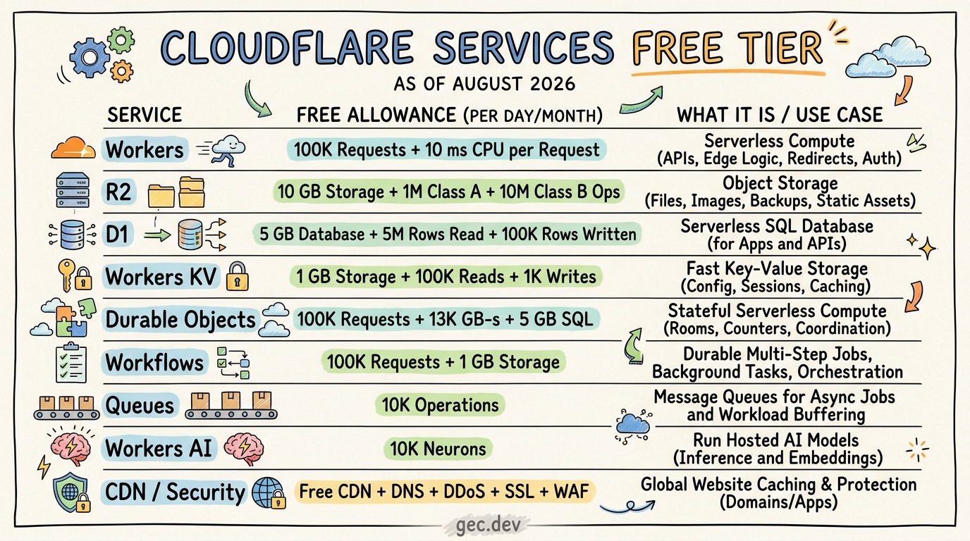 Hand-drawn table of Cloudflare services, free allowances, and typical use cases.